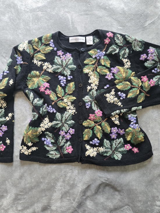 Marisa Christina Sweaters - Marisa Christina Vintage Black Embroidered Floral Cardigan Purple & Green
